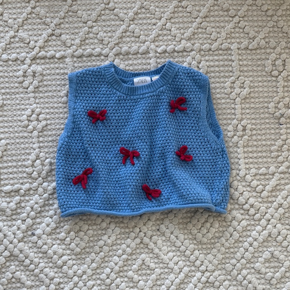 Zara Blue Knit Sweater Vest with Red Bows
